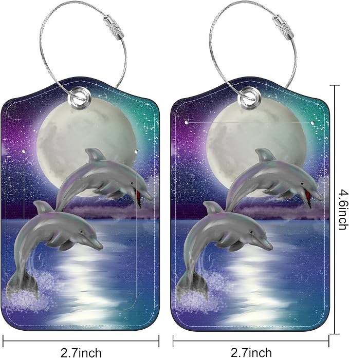 Set of 2 Luggage Tags for Suitcase Moon Night and Jumping Dolphin Leather - Image 2
