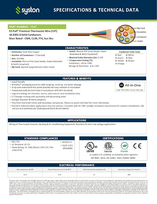 Syston 18/8 Thermostat HVAC Cable Wire, 100% Solid Copper, Riser/CL3R/CMR | 18 - Image 2
