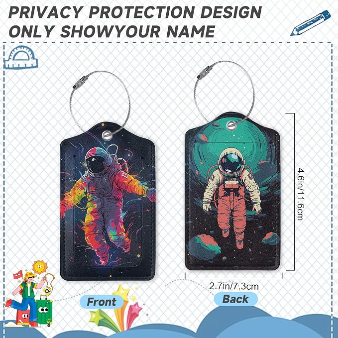 Set of 2 Luggage Tags for Suitcases, Leather Astronauts in Space Baggage Tags - Image 2