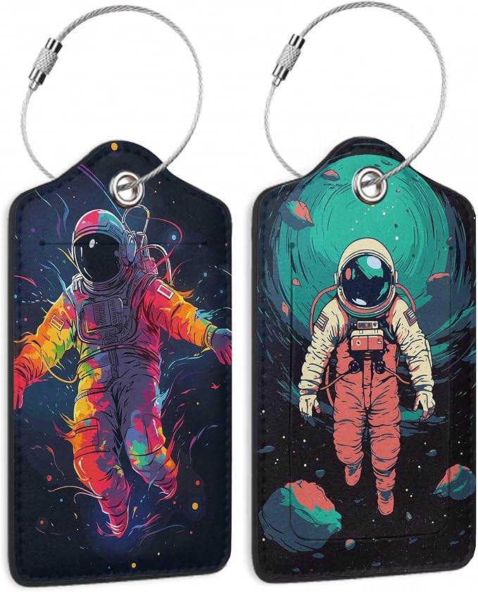 Set of 2 Luggage Tags for Suitcases, Leather Astronauts in Space Baggage Tags by TXIANT
