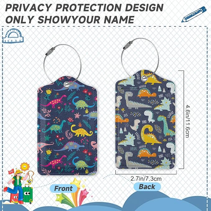Set of 2 Luggage Tags for Suitcases, Leather Cute Cartoon Dinosaur Baggage Tags - Image 2