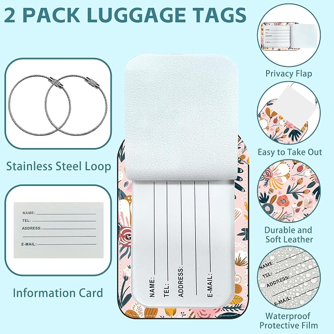 Orange Flowers Luggage Tag for Suitcase Set of 2 PU Leather Cute Luggage Tags - Image 2
