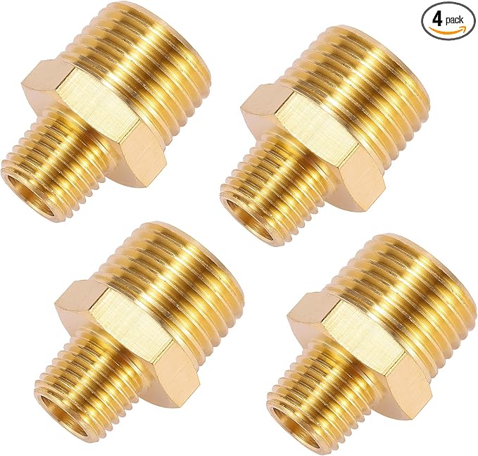 4 Pack Brass Pipe Fitting, Hex Nipple, 1/4" x 1/2" NPT Male | Pipe Adapter by Sanpaint