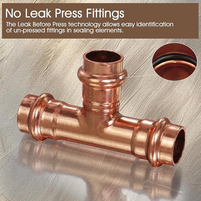 Copper Press Fittings Tee 1/2 Inch Copper Press Tee Coupling 6PK, Zero Lead | - Image 4
