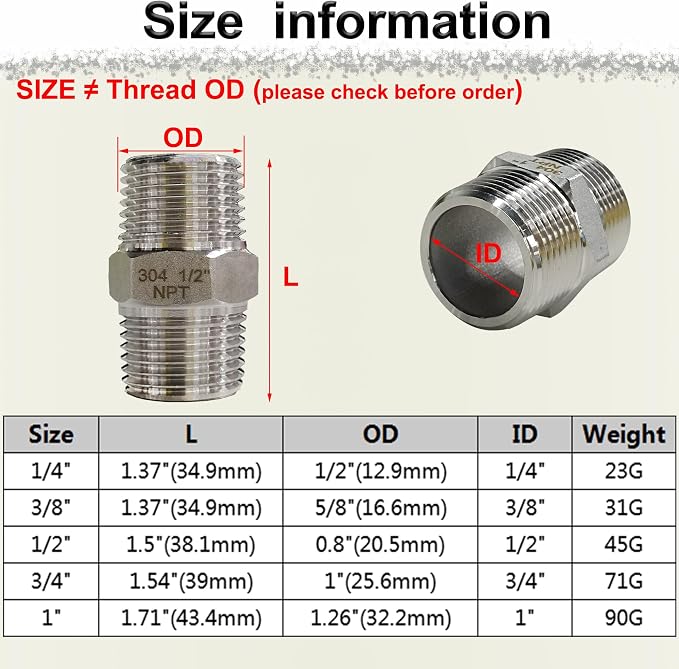 3/8" NPT Male Hex Nipple Pipe Fittings, 304 Stainless Steel 3/8 inch Threaded - Image 7