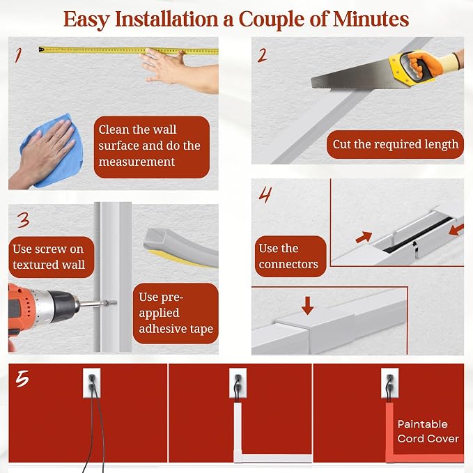 Grey Cable Cover Cord Hider - 157in Wire Hider on Wall Mounted - Image 7
