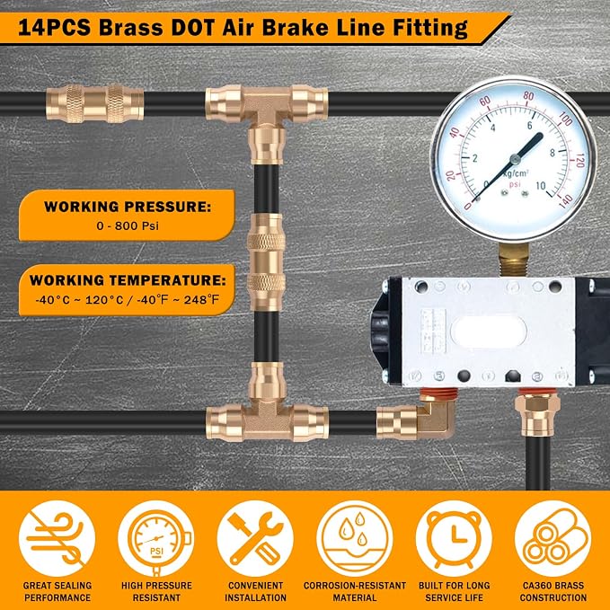 14 Pcs 1/4" Brass DOT Air Line Fittings Kit 1/8" 1/4" DOT Push Lock Air - Image 5