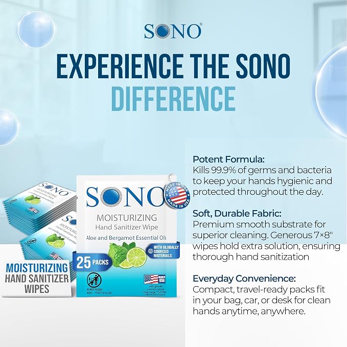 SONO Bergamot & Aloe Moisturizing Hand Sanitizer Wipes - Image 6