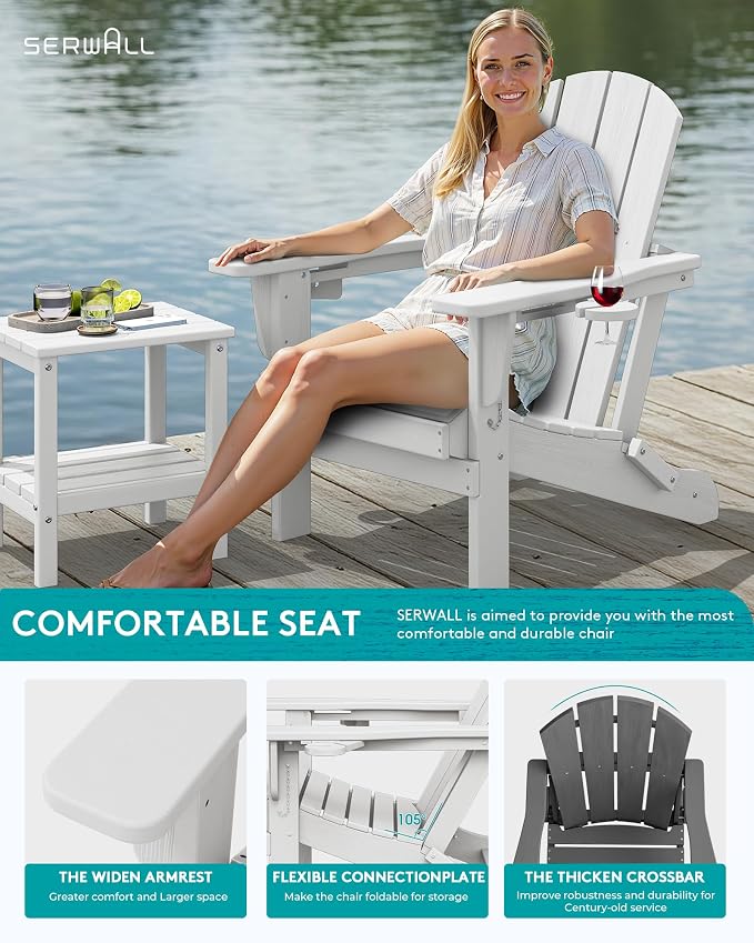 SERWALL Folding Adirondack Chair, Dual Cup Holders & All-Weather HDPE, - Image 5