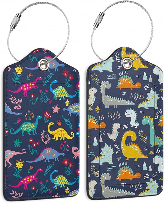 Set of 2 Luggage Tags for Suitcases, Leather Cute Cartoon Dinosaur Baggage Tags by TXIANT