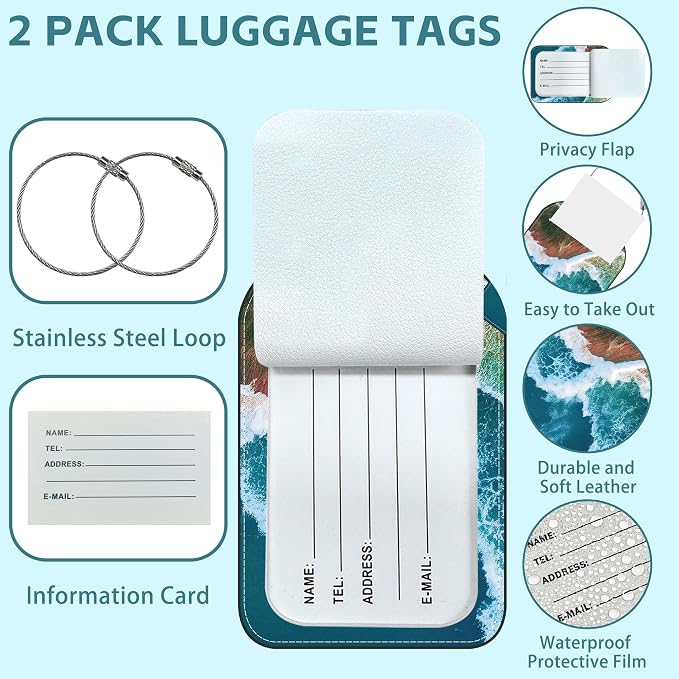 Sandy Beach Wave Luggage Tag for Suitcase Set of 2 PU Leather Cute Luggage Tags - Image 2
