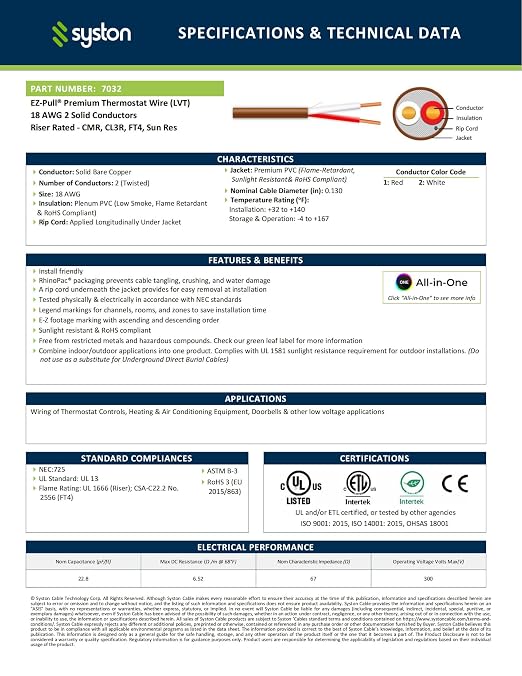 Syston 18/2 Thermostat Doorbell Wire, 100% Solid Copper, CL3R Riser-Rated | 18 - Image 2