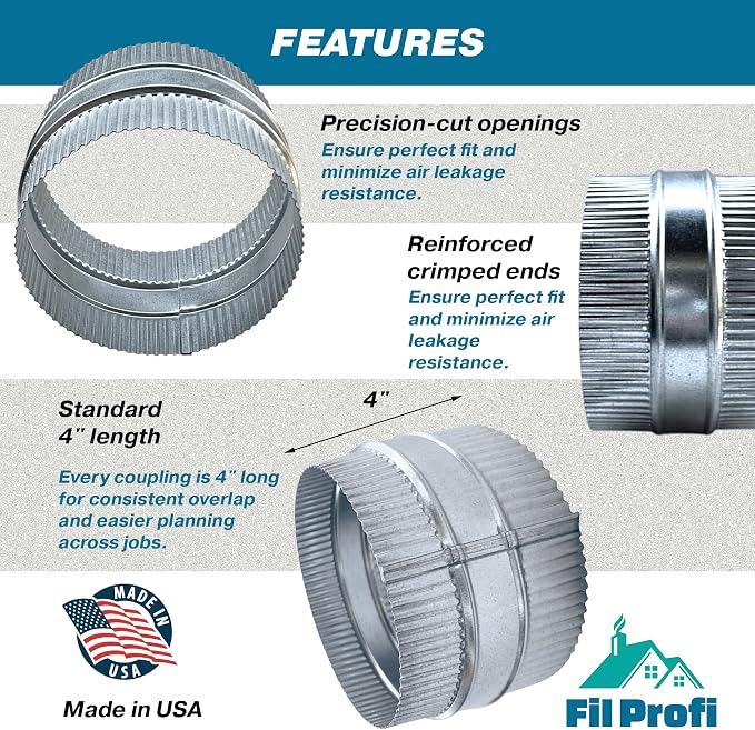 Inside-Fit. 4 Inch Diameter. Round Duct Coupling Sleeve, Galvanized Steel — - Image 4