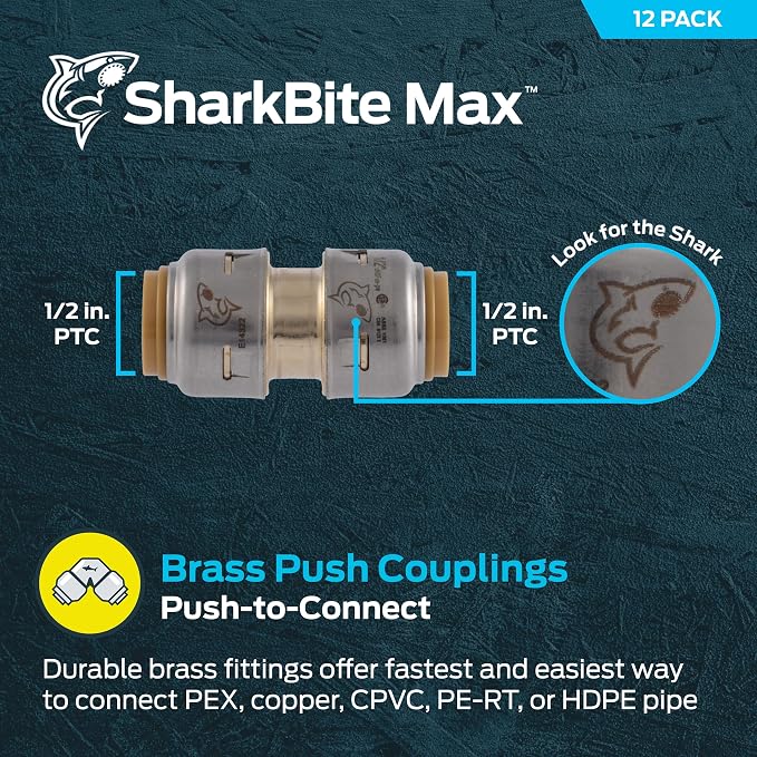 SharkBite Max 1/2 Inch Coupling, Made in the USA, Push to Connect Brass - Image 2