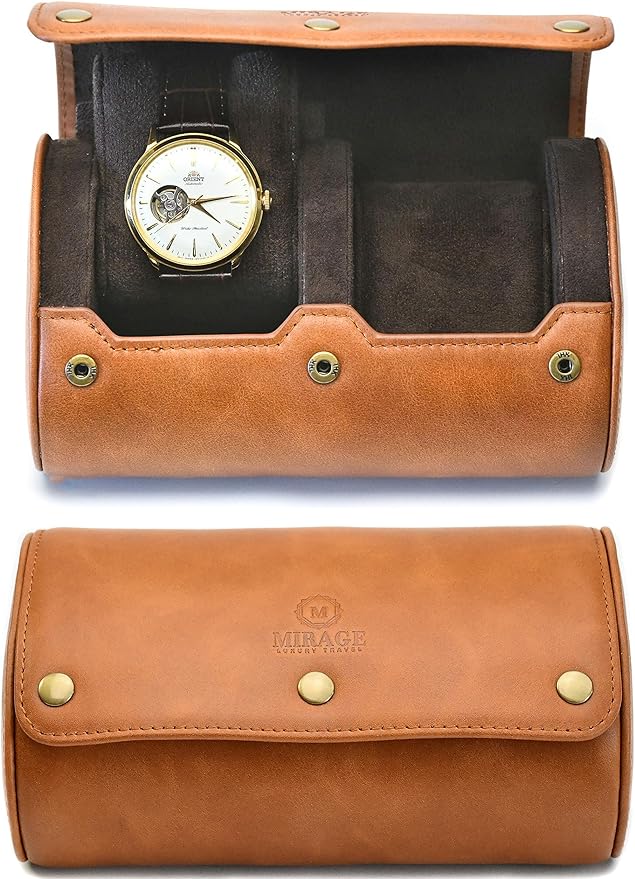 Watch Travel Case for Men 2 slot – Watch Roll – Brown Full Grain Cow Leather by MirageLuxuryTravel