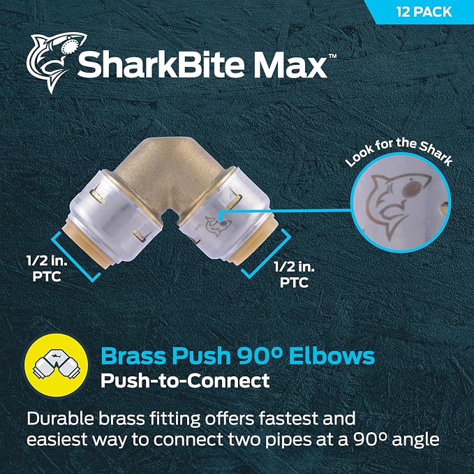 SharkBite Max 1/2 x 1/2 in PTC 90-Degree Elbow, Push-to-Connect Brass Plumbing - Image 2