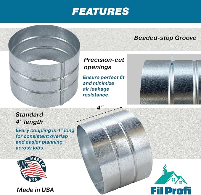 Outside-Fit. 5 Inch Diameter. Round Duct Coupling Sleeve, Galvanized Steel — - Image 5
